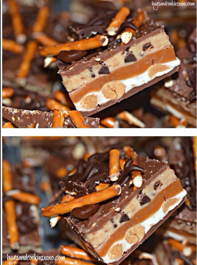 Cookie Dough Snickers Bars With A Salted Pretzel Topping Trusper