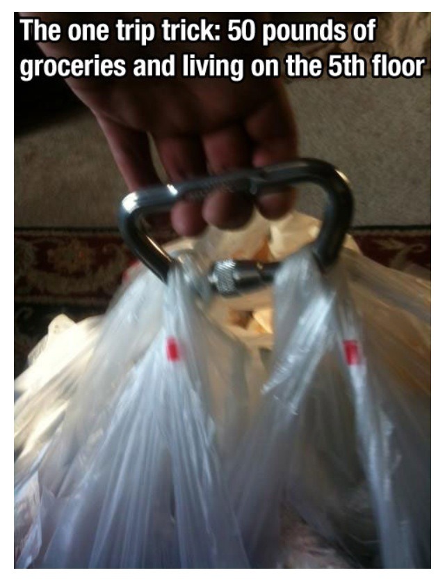 Use A Carabiner To Carry All Your Grocery Bags When Walking Upstairs Or